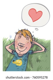 Young boy dreams of love. Vector illustration