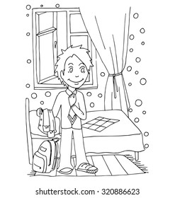 the young boy dress for school hand drawing cartoon outline for coloring isolated on the white background