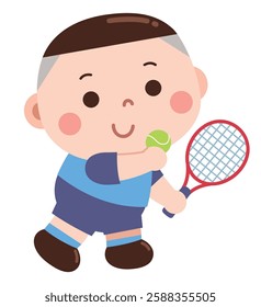 A young boy dressed in a blue sports outfit is holding a tennis racket in one hand and a tennis ball in the other. He has a happy expression, showing enthusiasm and excitement for the game.