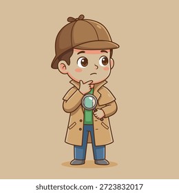 A young boy dressed as a detective, wearing a trench coat and hat, holding a magnifying glass and looking thoughtful.