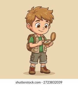 Ein kleiner Junge, der als Entdecker verkleidet ist, einen Rucksack trägt und einen Kompass hält, bereit für ein Abenteuer.