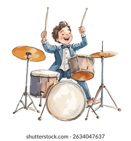 A young boy, dressed in a formal blue suit and bow tie, plays a drum set with enthusiasm. He is depicted in a full shot, centered, and focused on the action of playing the drums.