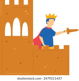 Young boy dressed king stands atop castle tower pointing outward, likely pretending be monarch. Child wearing crown, cape, holding sword engages imaginative play. Cartoon illustration kid playing