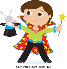 A young boy dressed as a magician is holding a top hat with a rabbit in it
