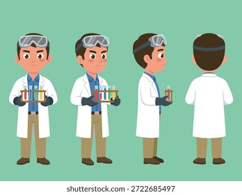 Un niño vestido de científico, sujetando tubos de ensayo y usando una bata de laboratorio y gafas. Presentado en múltiples vistas.