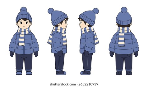 A young boy dressed in warm winter clothing including a puffer jacket scarf and beanie is shown from multiple angles