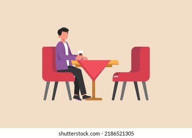 Young boy drinking soft drink in Hotel or cafe. Hotel activity concept. Colored flat graphic vector illustration isolated.