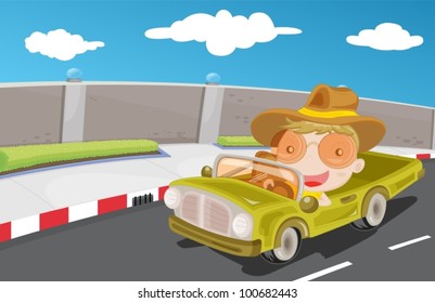 Young boy driving a car on the highway