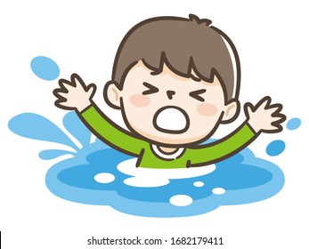Young boy drowning in water. Emergency situation, accident concept. Vector flat illustration