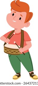 A young boy with a drum and sticks in a playful cartoon style. The child joyfully beats the drum while smiling brightly. Cartoon vector illustration.