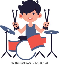 Young Boy Drummer Rock Musician Flat Cartoon