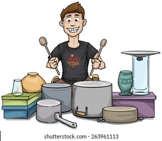 Young boy drumming with pots and bowls, vector illustration