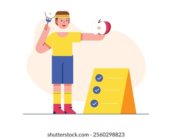 Young boy eating an apple, after working out to become an athlete. Character design. Vector flat illustration