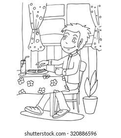 the young boy eating breakfast before going out to school hand drawing cartoon outline for coloring isolated on the white background