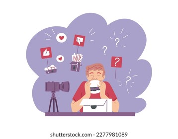 Niño pequeño comiendo hamburguesa en cámara, video reseña de estilo plano, ilustración vectorial aislada en fondo blanco. Bloguero de comida y crítico, medios sociales y comentarios