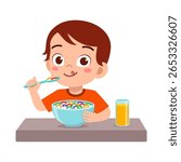 Young Boy Eating Cereal with Orange Juice on Table with Happy Expression Cartoon Illustration