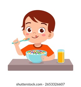 Young Boy Eating Cereal with Orange Juice on Table with Happy Expression Cartoon Illustration