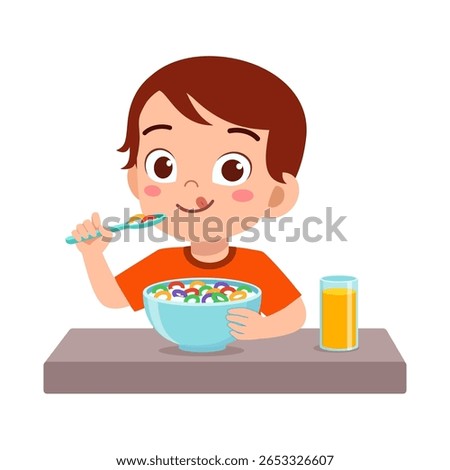 Young Boy Eating Cereal with Orange Juice on Table with Happy Expression Cartoon Illustration