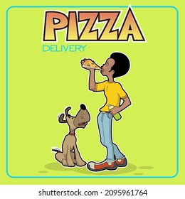 Young boy eating pizza. For sticker , t shirt print