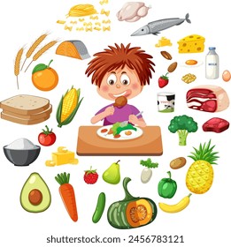 Niño comiendo rodeado de varios alimentos