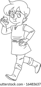A young boy eats an apple, a child eats fresh healthy food - coloring page