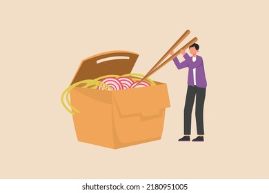 Young boy eats noodles use chopsticks. Eating activity concept. Colored flat graphic vector illustration.