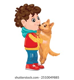 Young boy is embracing his puppy dog with happiness and love