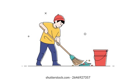 Young Boy Engaged in Housekeeping Tasks Sweeping the Floor with a Mop Beside a Bright Red Bucket