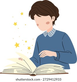 A young boy engrossed in reading an open book surrounded by sparkling stars, suggesting imagination and wonder.