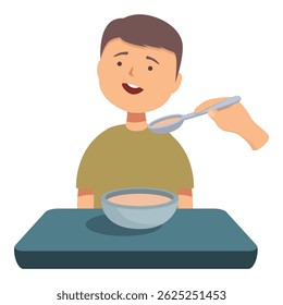 Young boy is enjoying a bowl of soup, carefully being fed by a caregiver