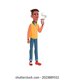 young boy enjoying chocolate drink in cafe cartoon vector.  isolated flat cartoon illustration