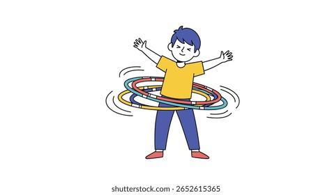 Jovem rapaz desfrutando de uma divertida atividade de fitness girando um aro colorido ao redor de sua cintura ao ar livre