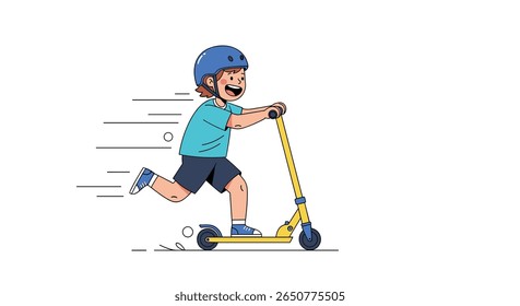 Jovem menino desfrutando de um passeio divertido em uma scooter chute amarelo usando um capacete azul