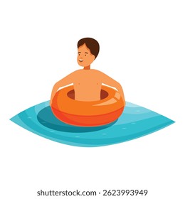 Young boy is enjoying his summer vacation, floating in a pool on an inflatable ring