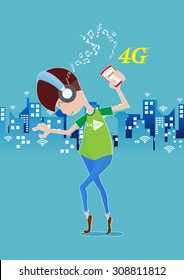 Young boy are enjoying music on the Internet. The speed of 4G network