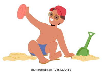 Muchacho Disfrutando De Un Día Soleado En La Playa, Construyendo Castillo De Arena. Vestido Con Trajes De Baño Y Con Sombrero Rojo, Ejemplifica La Alegría Y La Creatividad De La Infancia En La Ilustración vectorial De Dibujos Animados De Vacaciones De Verano