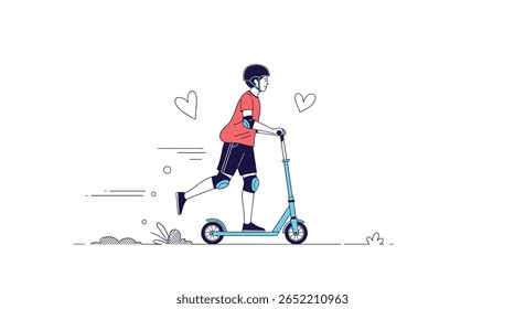 Jovem rapaz desfruta de um passeio divertido em sua scooter elétrica através de um parque com decorações do coração mostrando afeição