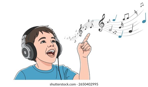 Young boy enjoys listening to music through headphones and singing along enthusiastically
