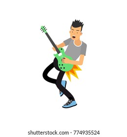 Young boy enjoys playing electric guitar. Rock music guitar player. Cartoon flat style vector illustration isolated on white