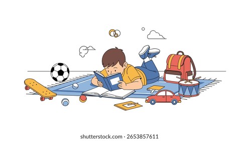 A young boy enjoys reading a book surrounded by his favorite toys and sports equipment on a sunny day outdoors