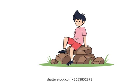 A young boy enjoys a sunny day sitting on rocks outdoors surrounded by green grass and small plants