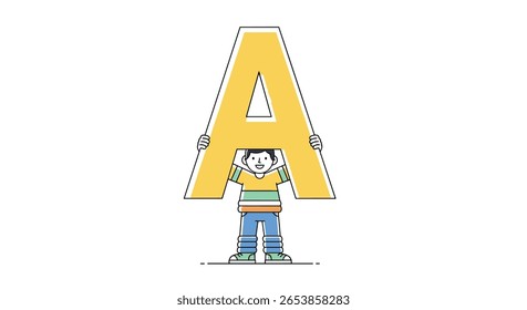 A young boy enthusiastically holds up a large yellow letter a for education and alphabet learning adventures