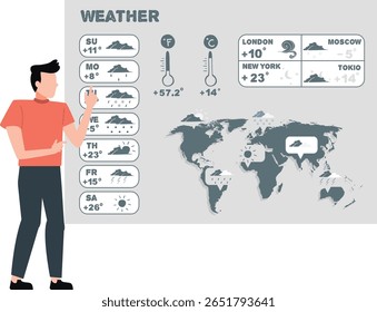 Um menino aponta com entusiasmo para um mapa do tempo, seu rosto iluminado com curiosidade e emoção, enquanto ele aprende sobre diferentes padrões e locais do tempo.