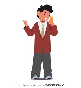 Young Boy Entrepreneur On The Phone, Confidently Discussing Deals And Strategies. Articulate, Focused And Determined Kid Businessman Navigates Business Conversations With Maturity. Vector Illustration