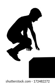 Young Boy Exercise Busy Jumping onto Box Silhouette