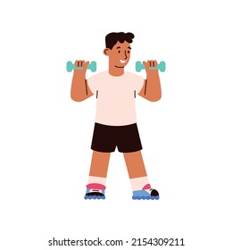 Young boy exercising with dumbbells flat style, vector illustration isolated on white background. Physical education concept, male character doing sports, fitness and wellness