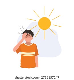 menino que experimenta ondas de calor e tempo quente, suando sob forte sol ao ar livre durante o verão
