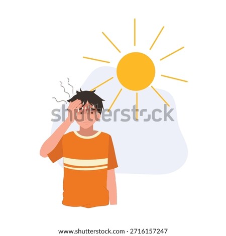 young boy experiencing heatwave and hot weather, sweating under strong sun outdoors during summer