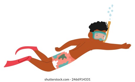 Young Boy Explores Underwater Life In A Snorkel And Fins. His Enthusiastic Dive, Showcased In Vibrant Swim Trunks, Illustrates The Joy And Excitement Of Snorkeling, Adventure, Summer, Youth Sports