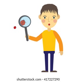 Young boy exploring ladybug with magnifier. People Vector character kid illustration isolated on white background.